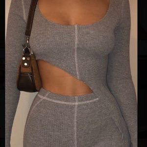 Two piece set cropped long sleeve top with stacked bottoms